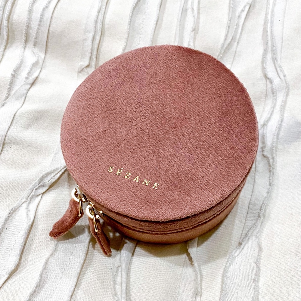 Sezane Dusty Pink Velvet Travel Zip Jewelry Case